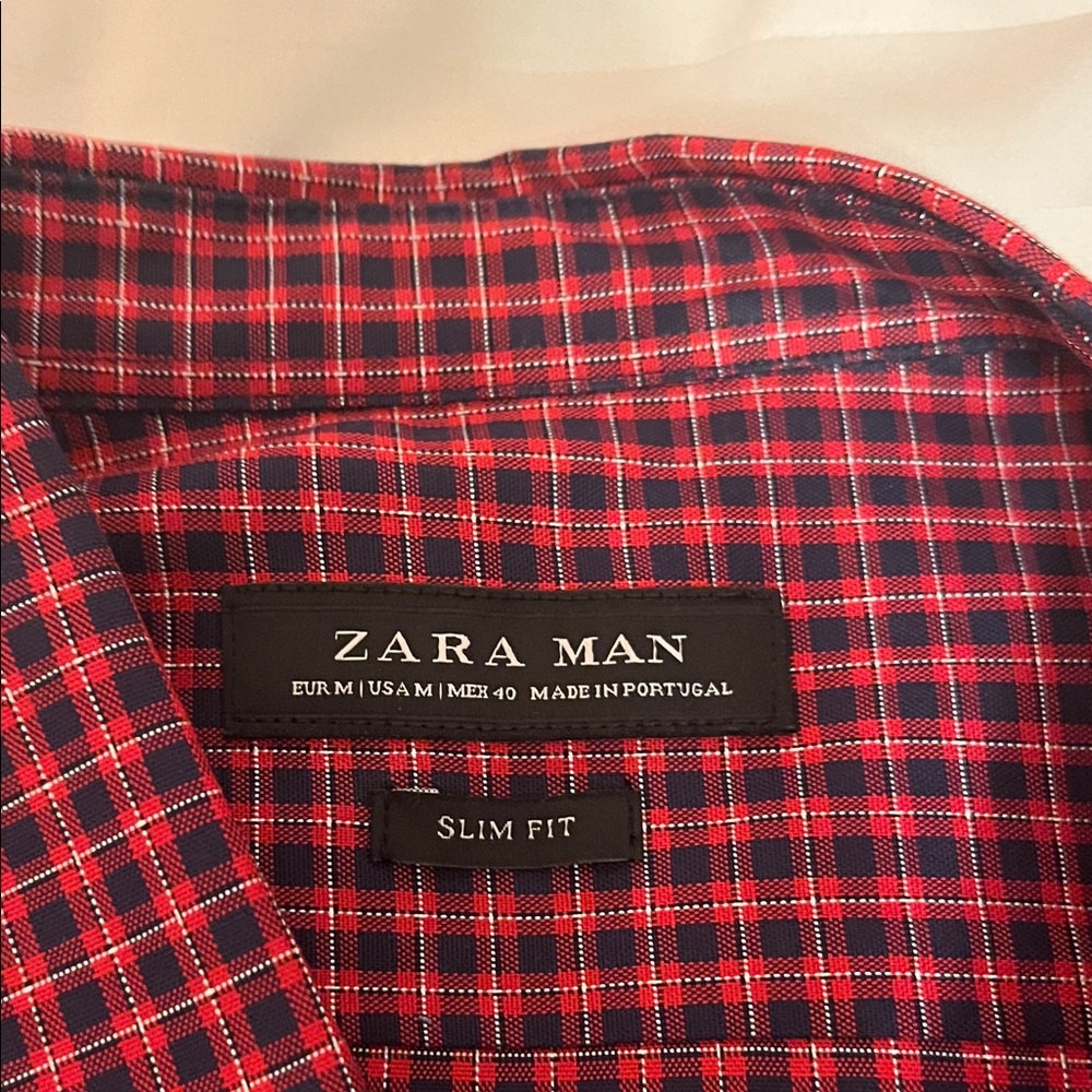 Zara Man Red and Blue Plaid Slim Fit Shirt
